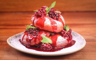 Mekitsi, Bulgarian Breakfast Donuts with Blackberry Sauce