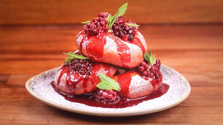 Mekitsi, Bulgarian Breakfast Donuts with Blackberry Sauce